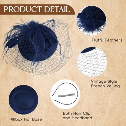 Fascinator Hat Veil Feather Fascinator Tea Party Bridal Wedding Veil Retro Hat Pillbox Hat - color: Navy Blue