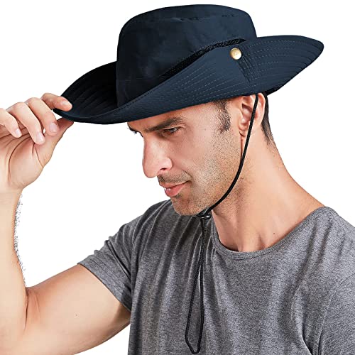 Sun Hats for Men Women UPF 50+ Wide Brim Bucket Hat Waterproof Packable Cowboy Hat for Fishing Beach Safari Gardening Golf - color: Navy