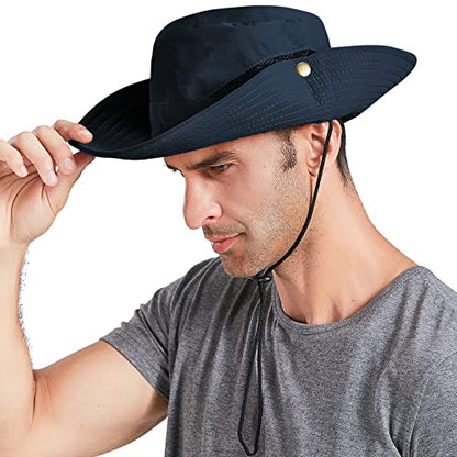 Sun Hats for Men Women UPF 50+ Wide Brim Bucket Hat Waterproof Packable Cowboy Hat for Fishing Beach Safari Gardening Golf - color: Navy