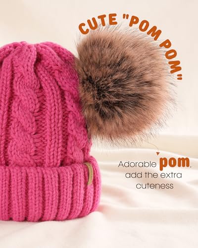 FURTALK Toddler Winter Hat Knit Beanie Double Faux Fur Pompoms Girls Boys - color: Rose Red, size: 6-24 Months