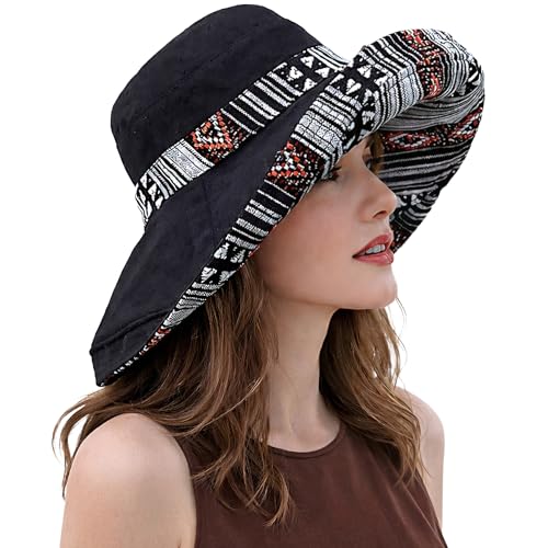 Wide Brim Sun Hat for Women Reversible Beach Hats Metal Wired Edge Gardening Hats, UPF 50+ Bucket Summer Hat - color: Black Boho-style