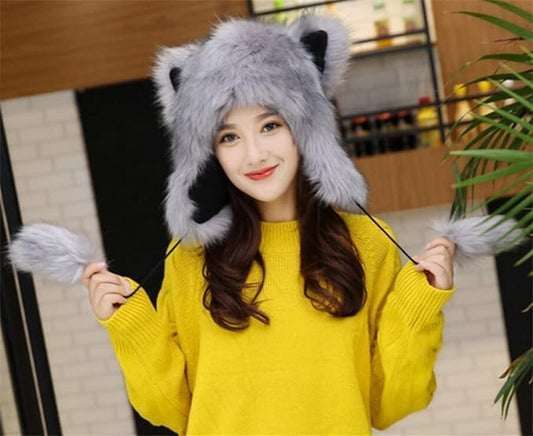 Holiberty Cute Animal Horns Ears Winter Hat Plush Fur Warm Trapper Hat Funny Viking Christmas Halloween Costume Snow Ski Hat - color: Grey, With Cat Ears & Poms
