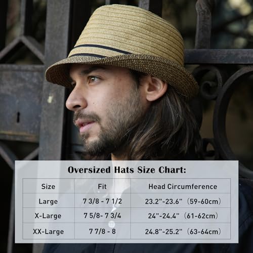 Comhats Oversize XXL Men Summer Straw Fedora Sun Hat Panama Derby Packable - color: 92569e_beige, size: X-Large