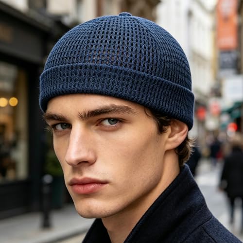 Brimless Hats for Men Breathable Brimless Docker Hat Lightweight Mesh Skull Cap Beanie Hats - color: Navy Blue