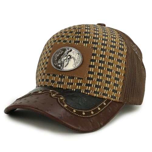 Straw Design Metallic Rodeo Cowboy Horse Metal Logo Trucker Mesh Baseball Cap - color: Dark Brown Brown