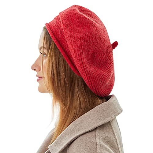 FENELY Beret Hat for Women, French Style Beanie Winter Fashion Warm Thickened Lining Knit Cap - color: Red