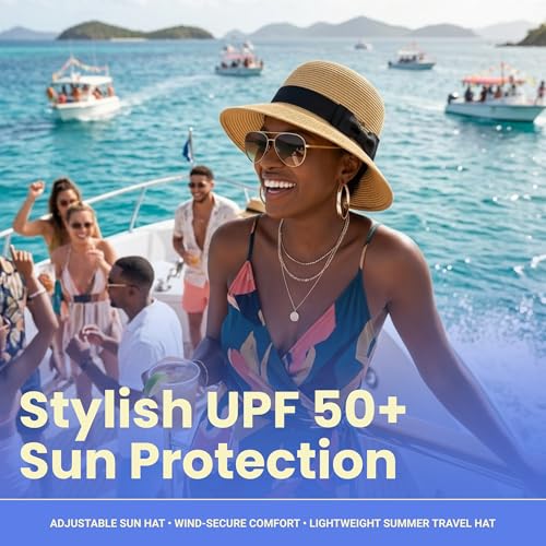 Funky Junque Foldable Wide Brim Straw Sun Hat, Packable Beach Cap - color: Natural