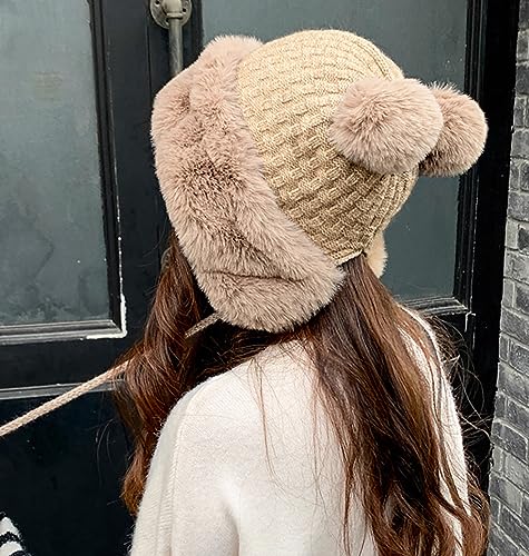 Winter Pompom Beanie Hats Women Knit Womens Beanie Faux Fur Crochet Skull Cap Warm Bucket Outdoor Ear Cover - color: Grey
