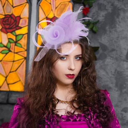 Zinniday Victorian Feather Fascinators Hats - 2025 Derby Attire Headwear with Hairpin,1920s Tea Party Hat for Woman - color: Light Purple