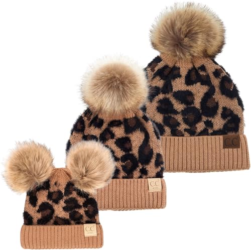 Funky Junque Mommy & Me Double Pom Beanies 3-Pack Matching Winter Hats for Mom, Toddler & Infant Girls, Cozy Knit Family Set - color: Leopard - Latte
