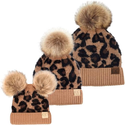 Funky Junque Mommy & Me Double Pom Beanies 3-Pack Matching Winter Hats for Mom, Toddler & Infant Girls, Cozy Knit Family Set - color: Leopard - Latte