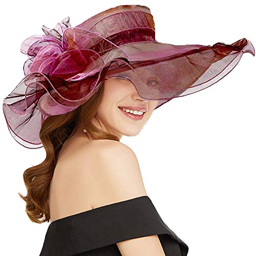 Women Oganza Sun Hat Church Wide Brim Wedding Formal Fascinator Hat - color: Plum & Purple