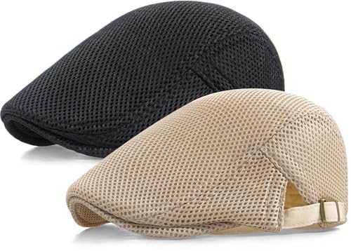 2 Pack Men's Mesh Cap Breathable Summer Newsboy Hat Adjustable Beret Ivy Cap Irish Cabbie Driving Hunting Hats - color: Black/Beige