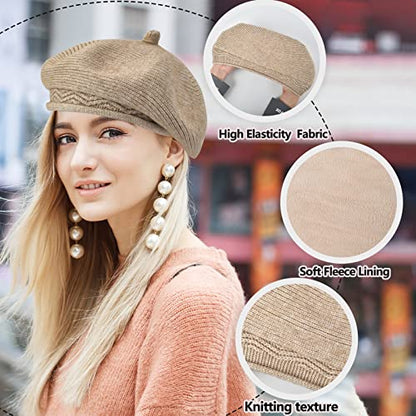 FENELY Beret Hat for Women, French Style Beanie Winter Fashion Warm Thickened Lining Knit Cap - color: Beige