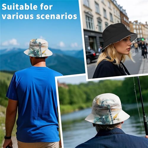Amasnay Funny Bucket Hat Cotton Double-Side-Wear Reversible Sun Hat for Women Men, Summer Vacation Travel Beach Fisherman Hat - color: Dragonfly
