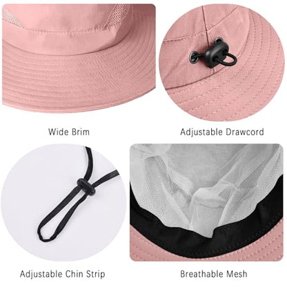 ZOORON Sun Hats for Men Women, Wide Brim Safari Hats UV Protection UPF50+ Waterproof Boonie Hats for Fishing Hiking Camping - color: With One Pair Cooling Sleeves-1pack-pink