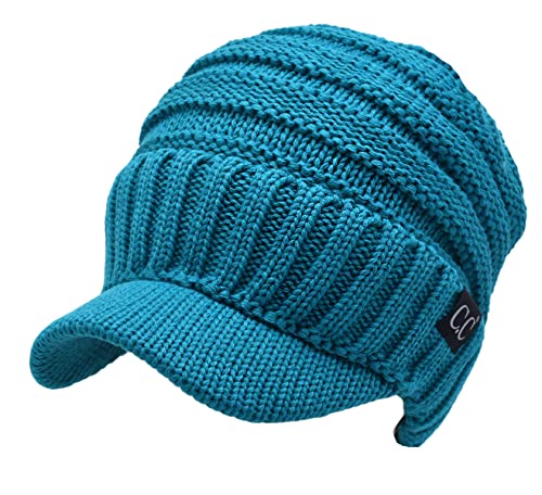 C.C Trendy Warm Oversized Chunky Soft Oversized Ribbed Slouchy Knit Hat with Visor Brim - color: Teal