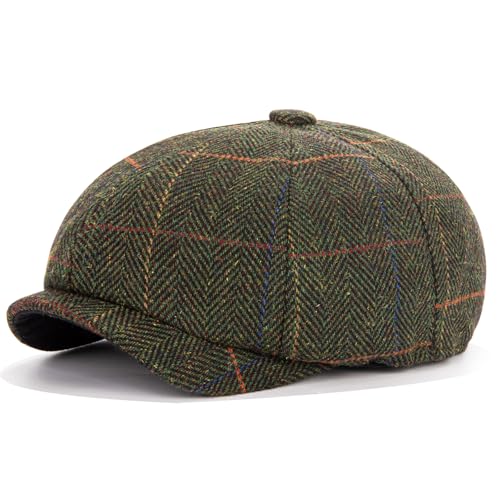 Men's Wool Newsboy Cap 8-Panel Tweed Taxi Hat Herringbone Gatsby Flat Hats - color: A-khaki