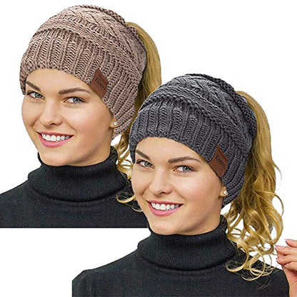 Rosoz 2 Pack Ponytail Beanie for Women,Winter Warm Beanie Tail Soft Stretch Cable Knit Messy High Bun Hat - color: 2pack-grey/Khiki