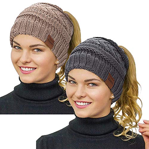 Rosoz 2 Pack Ponytail Beanie for Women,Winter Warm Beanie Tail Soft Stretch Cable Knit Messy High Bun Hat - color: 2pack-grey/Khiki