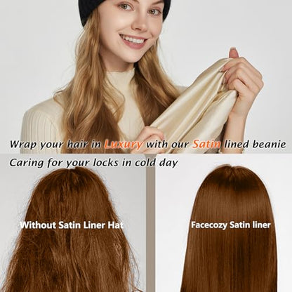 Facecozy Satin Lined Beanie for Women Soft Satin Lining Slouchy Winter Hats - color: Black