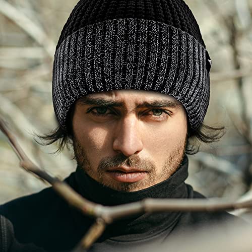 Achiou Reflective Beanie for Men Women, Fleece Lined Winter Cuffed Hat - color: Black