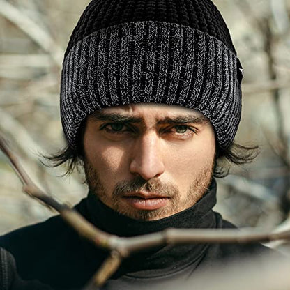 Achiou Reflective Beanie for Men Women, Fleece Lined Winter Cuffed Hat - color: Black