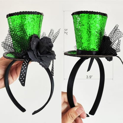 WLBON Halloween Mini Top Hat Headband 1920s Flower Sequins Hair Hoops Bands Fascinator Headpiece Hairband Women Christmas Holiday Festival Parade Cosplay Dress Up Birthday Tea Party Accessories Green - color: Light Green