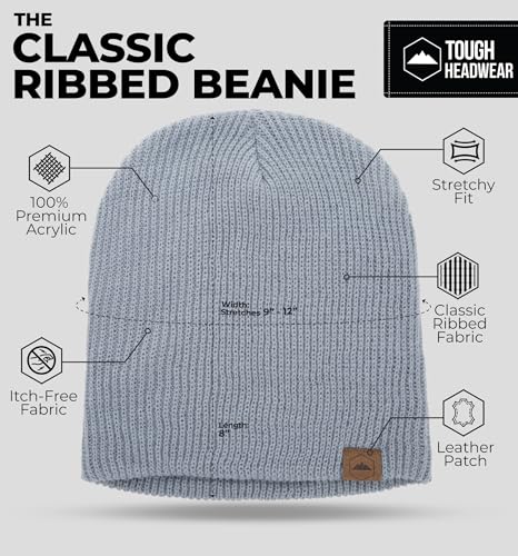 Tough Headwear Ribbed Beanie Hat - Stretch Fit Beanie for Women - Knit Winter Hats for Men - Breathable Knit Caps - color: Light Gray