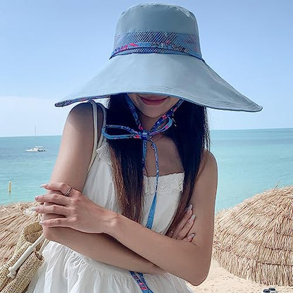 6" Extra Wide Brim Sun Hats UPF 50+ UV Protection Packable Beach Hat Strap Women - color: Blue