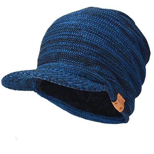 Ruphedy Mens Beanie with Brim Winter Hat Knitted Thick Fleece Visor Beanie - color: B319a-blue