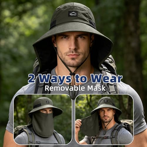 Outdoor Sun Hat for Men Women, UPF 50+ Safari Cap Fishing Hat with Detachable Face Cover & Neck Flap Beach Garden Hiking - color: 1pack-green