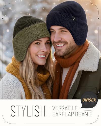 HAMUNI Winter Fleece-Lined Beanie with Earflaps, Warm Windproof Unisex Beanie Hat for Skiing, Hiking & Outdoor Winter Sports - color: Navy Blue