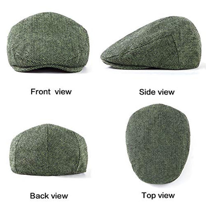 Herringbone Flat Ivy Newsboy Cap for Men 1920s Wool Blend Tweed Cabbie Hat - color: 004 Green, size: Small-Medium