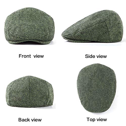 Herringbone Flat Ivy Newsboy Cap for Men 1920s Wool Blend Tweed Cabbie Hat - color: 004 Green, size: Small-Medium
