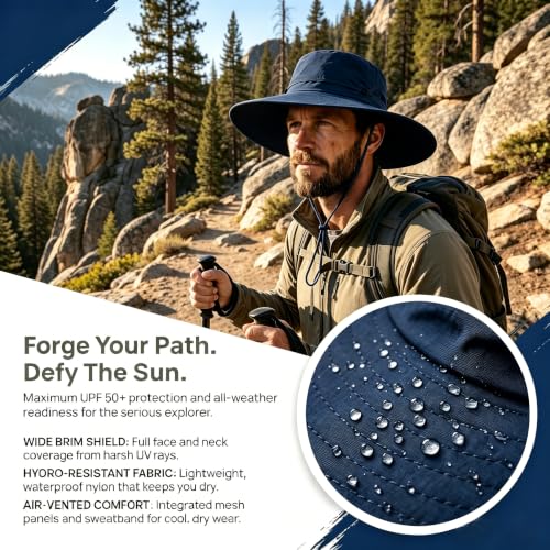 Fishing Sun Hat for Men UPF 50+ Wide Brim Boonie Hats for Summer - color: Navy Blue