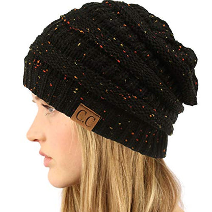 CC Classic Winter Fall Trendy Chunky Stretchy Cable Knit Beanie Hat - color: Confetti Black
