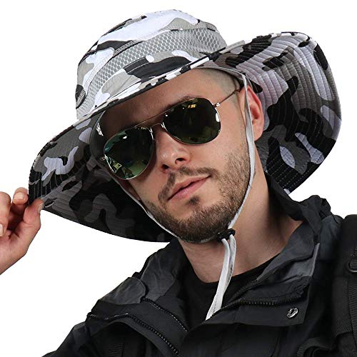 CAMOLAND Mens Fishing Hat Wide Large Brim Sun Hat with Outdoor UV Protection - color: Light Grey Camouflage
