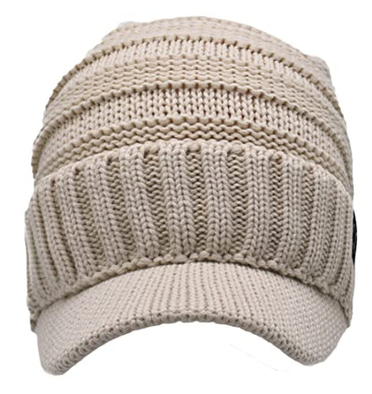 C.C Trendy Warm Oversized Chunky Soft Oversized Ribbed Slouchy Knit Hat with Visor Brim - color: Beige