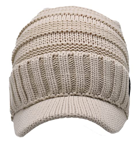 C.C Trendy Warm Oversized Chunky Soft Oversized Ribbed Slouchy Knit Hat with Visor Brim - color: Beige