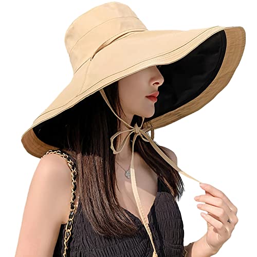 HUAMULAN Women Summer Vacation Wide Brim Sun Hat Reversible Fishing Hats - color: Ag3652-kakhiblack