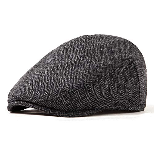 Herringbone Flat Ivy Newsboy Cap for Men 1920s Wool Blend Tweed Cabbie Hat - color: 001 Black, size: Small-Medium