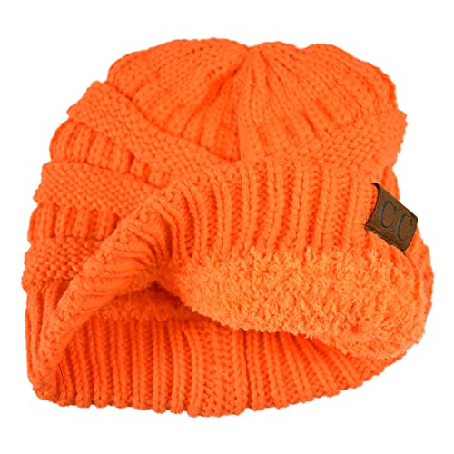 C.C Unisex Chunky Soft Stretch Cable Knit Warm Fuzzy Lined Skully Beanie - color: Neon Orange