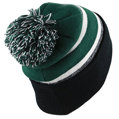 Winter Knit Beanie Hat with Pom Pom – Warm Cuffed Slouch Ski Cap for Men & Women - color: 1.black and D.green With Pom