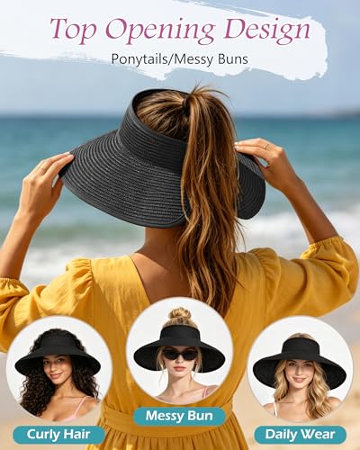 3 Pack Women's Straw Sun Visor Hat,Outdoor Wide Brim UV Protection Foldable,Adjustable Packable Ponytail Summer Sun Hat - color: Khaki＆beige＆black