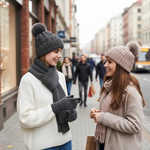 HUAMULAN Women Winter Knit Beanie Hat Circle Scarf Set Pompoms Ear Flaps - color: Gray With Scarf and Gloves