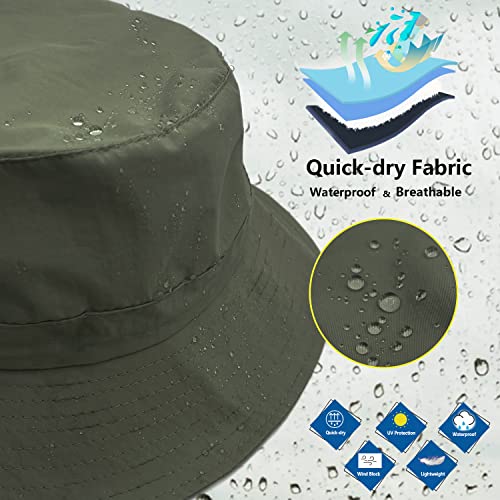 woogwin Waterproof Bucket Rain Hat with Chin Strap Quick Dry Packable Boonie Sun Hat Safari Hat UV Protection - color: Green