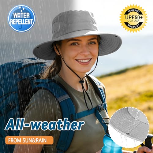 ZOORON Sun Hats for Men Women, Wide Brim Safari Hats UV Protection UPF50+ Waterproof Boonie Hats for Fishing Hiking Camping - color: 1pack-light Gray