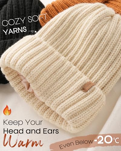 FURTALK Womens Winter Beanie Hat Satin Lined Faux Fur Pom Pom Beanies Hat for Women Winter Warm Knit Hats - color: Beige