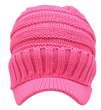 C.C Trendy Warm Oversized Chunky Soft Oversized Ribbed Slouchy Knit Hat with Visor Brim - color: Candy Pink